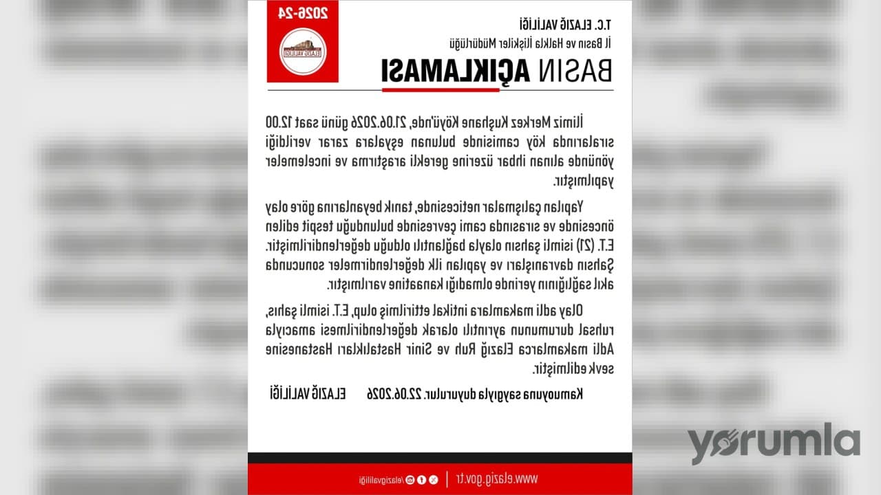 Elazığ Kuşhane Köyü'ndeki camide zarar veren 21 yaşındaki şahıs adli makamlara sevk edildi