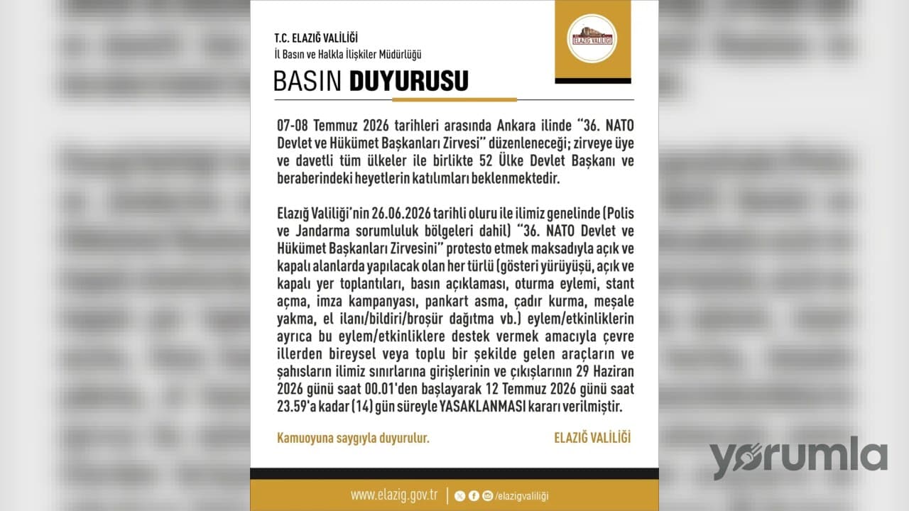 Elazığ’da NATO Zirvesi öncesi 14 gün sürecek protesto yasağı ilan edildi